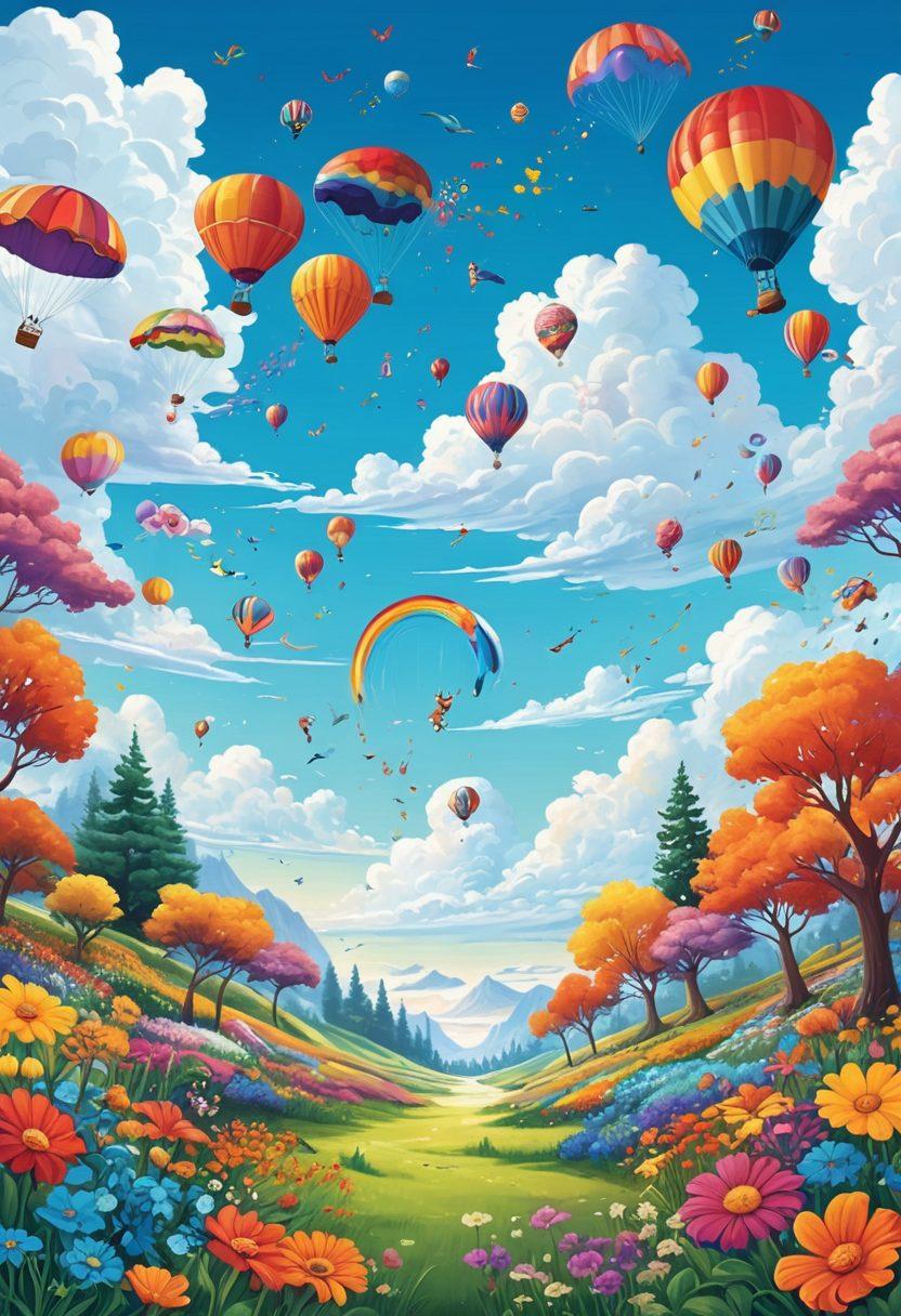A whimsical landscape filled with colorful, oversized words and playful phrases floating in the air, surrounded by cheerful characters of diverse backgrounds expressing joy and laughter. Bright flowers and smiling animals add to the vibrant scene, inviting readers to explore the beauty of language. The sky is a kaleidoscope of colors, enhancing the joyful atmosphere. vector art. vibrant colors. white background.