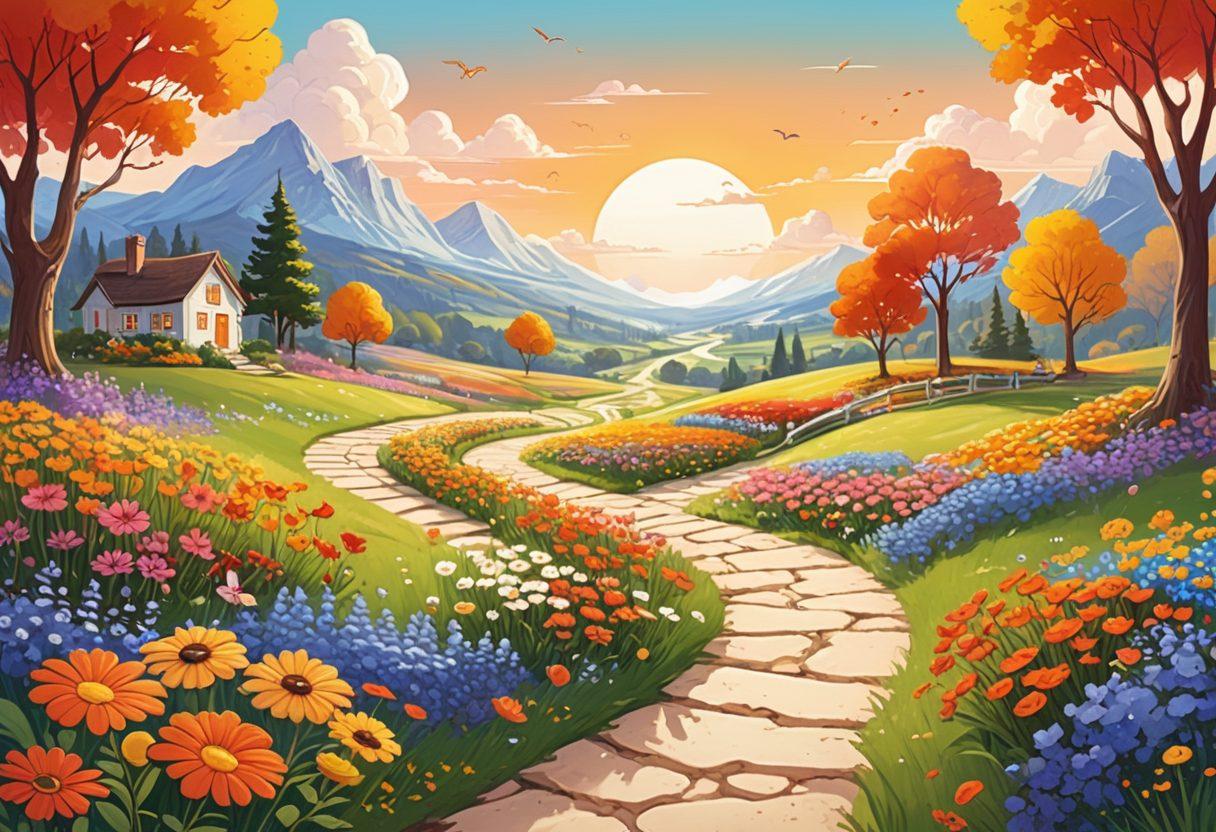 A whimsical landscape illustrating a path lined with colorful flowers symbolizing cheerful diction, with playful characters discussing etymology along the way. Include floating speech bubbles with cheerful words and their meanings. The sky is bright and sunny, embodying a warm, inviting atmosphere. Vibrant colors that evoke joy and curiosity. cartoon style. vibrant colors. white background.
